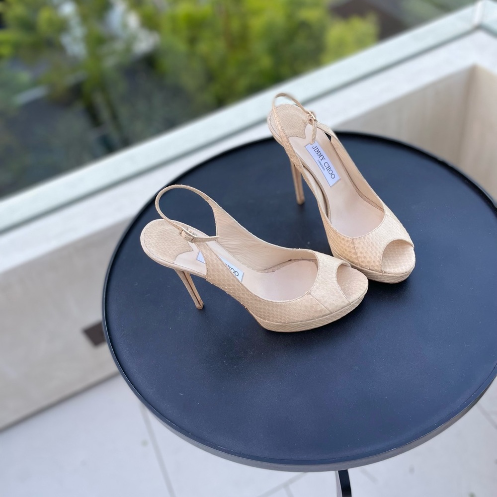 jimmy choo beige snakeskin peep-toe slingback stilettos